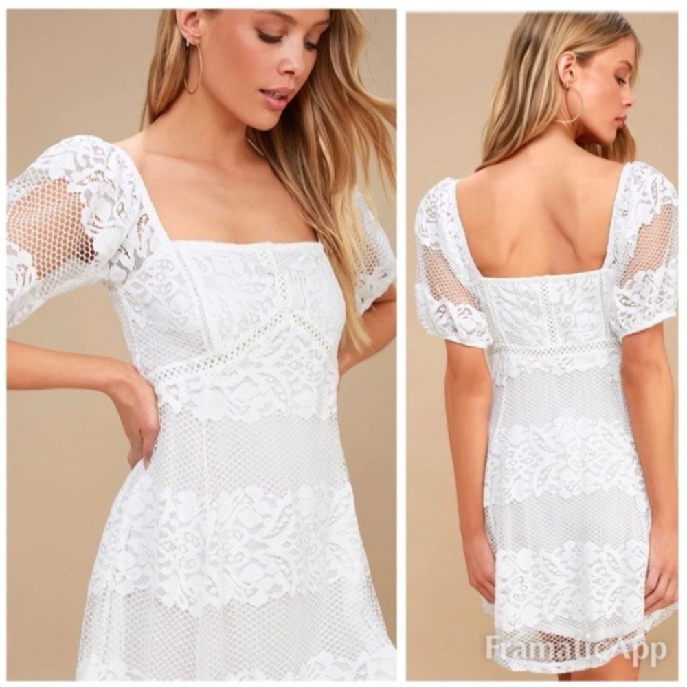 Free People Be Your Baby Lace Puff Sleeve Mini Dress M White Coquette Milkmaid